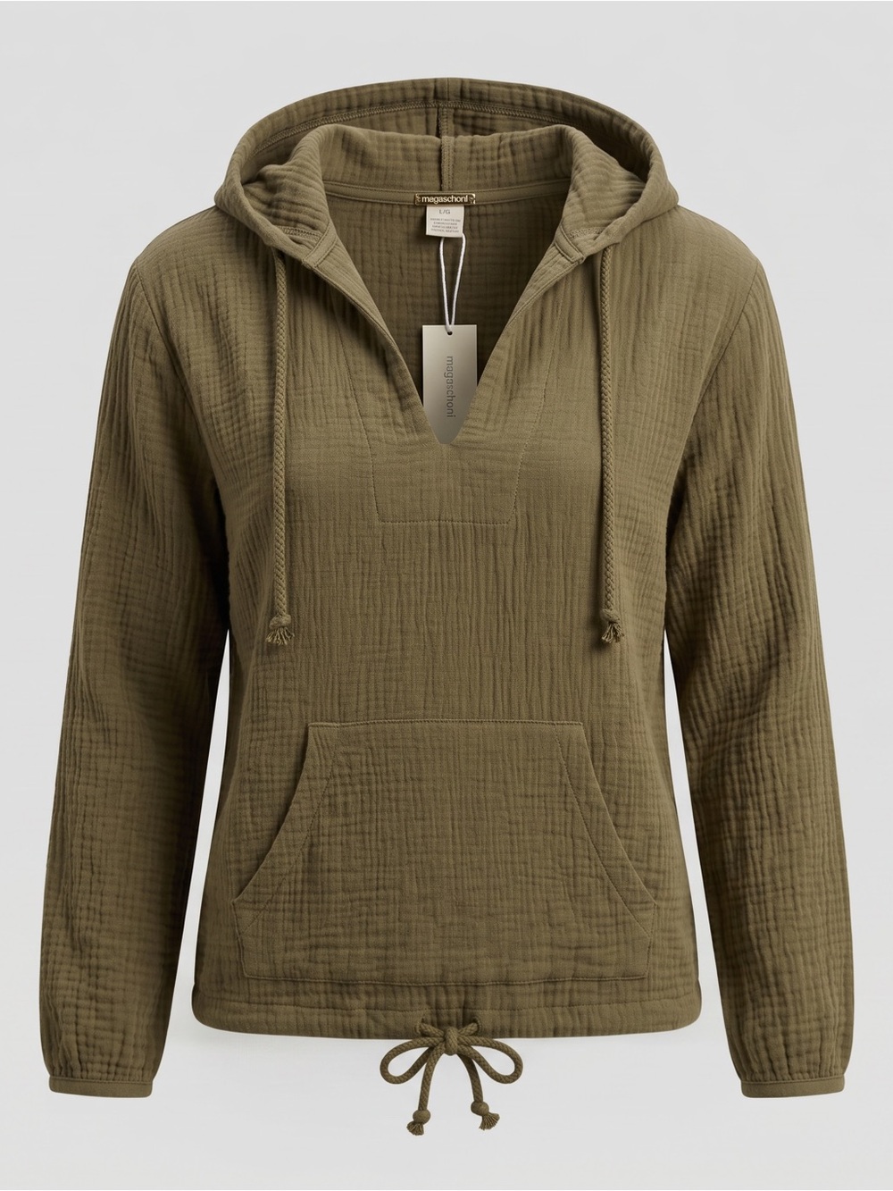 Magaschoni 100% Organic Cotton Gauze Olive Green Hoodie | Size Large